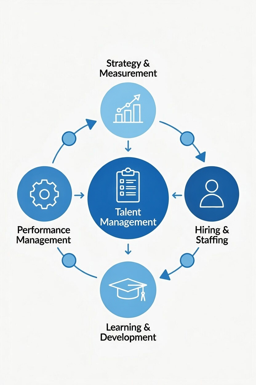 Talent Management Cycle: Five-segment circular flow covering Strategy, Staffing, Learning, Talent Management, and Performance Management.